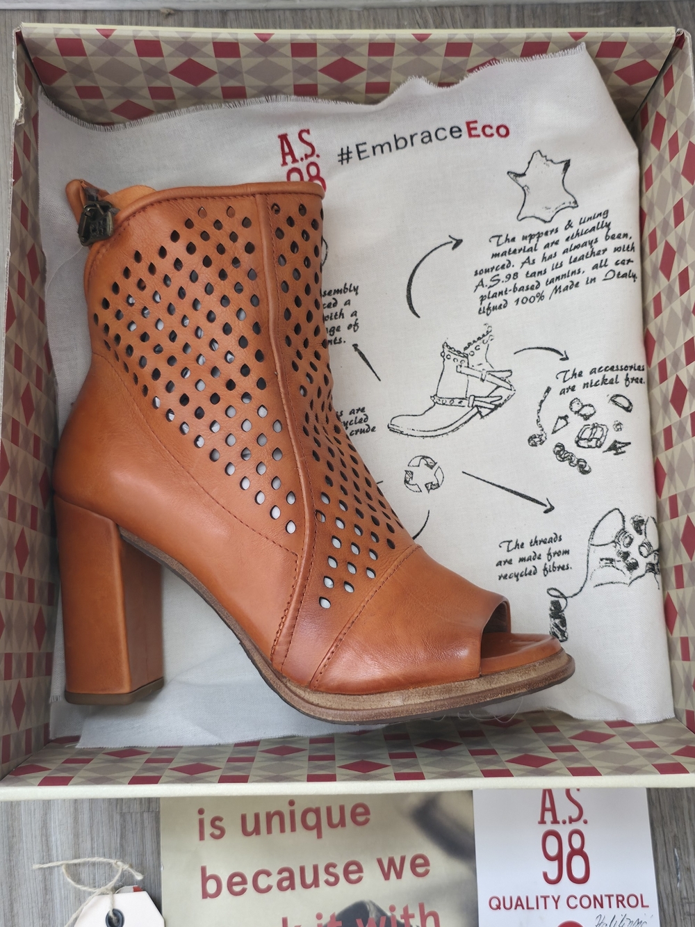 A.S.98 Women's Tan Brown Leather Perforated Open Toe Booties